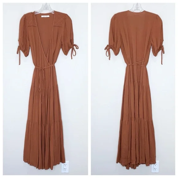 Christy Dawn The Augusta Midi Dress (Sz S) Short Puff Tie Sleeve Wrap Rust - Picture 4 of 16